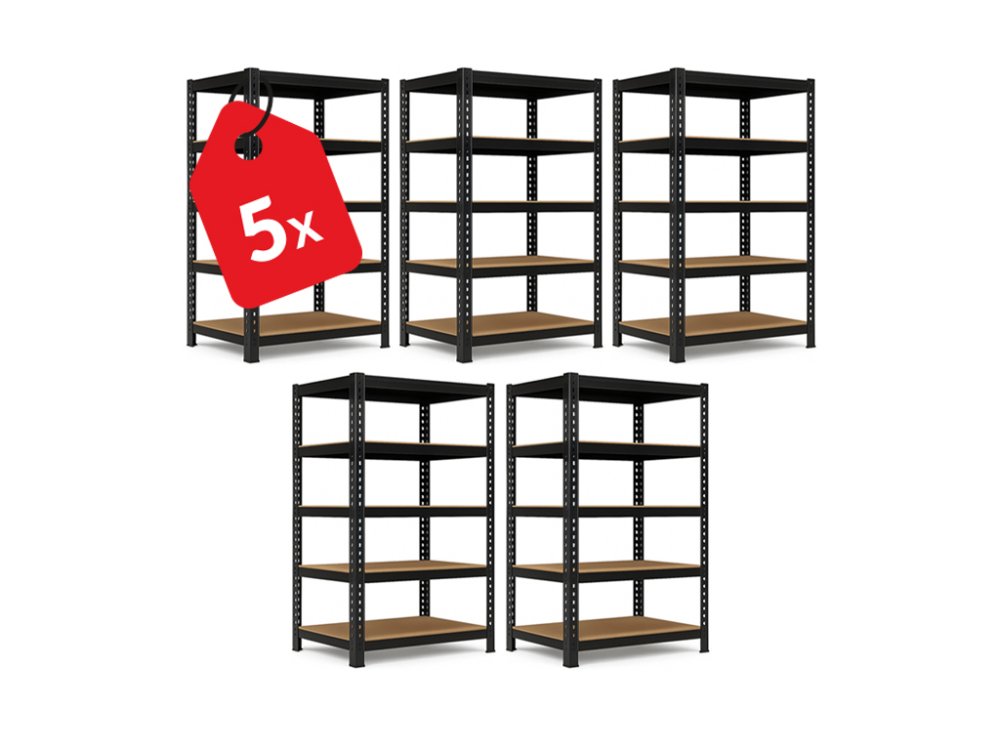 5x Fém Polc 216x120x50 cm professzionális 5 polcos, teherbírás 1500 kg - fekete