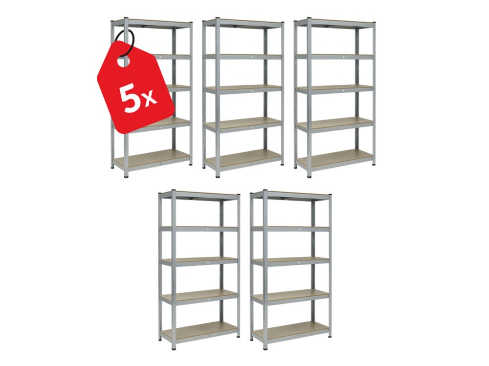 Akcia 5x Regál 180x90x40 cm pozinkovaný 5-policový, nosnosť 875 kg