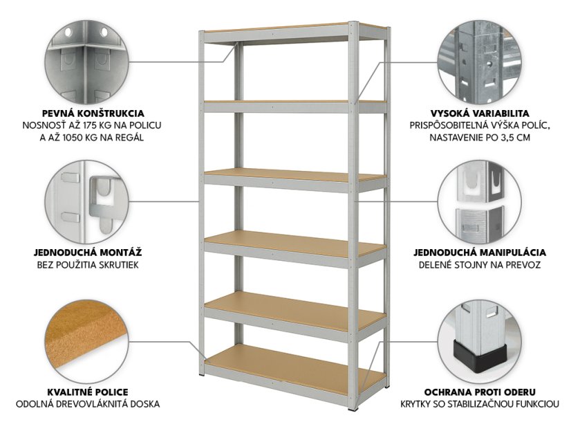 Regál 2200x1000x400 mm pozinkovaný 6-policový, nosnosť 1050 kg - 4ks