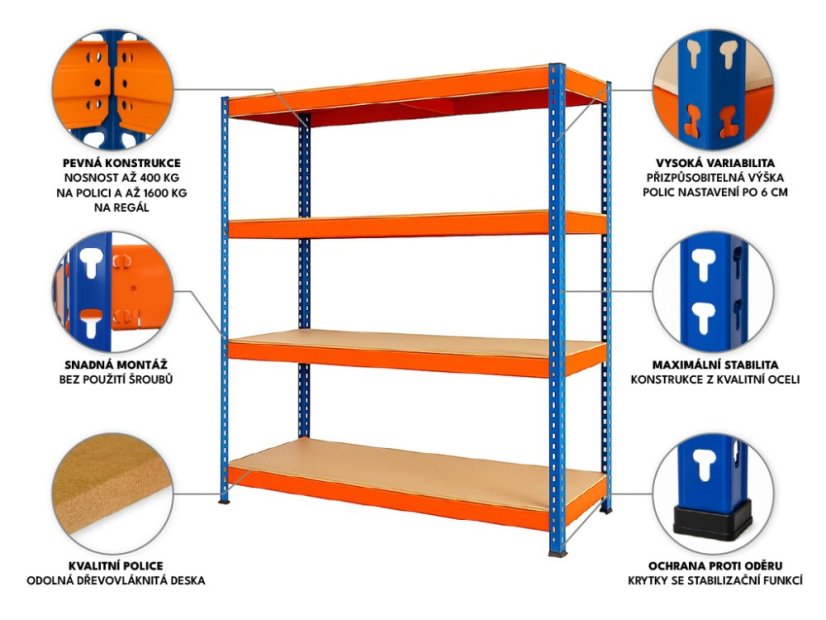 Regál 1680x1600x600 mm profesionální 4-policový, nosnost 1600 kg - modro-oranžový