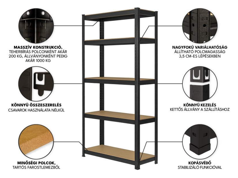 Regál 1800x900x400 mm robustní lakovaný 5-policový, nosnost 1000 kg - černý - 2ks