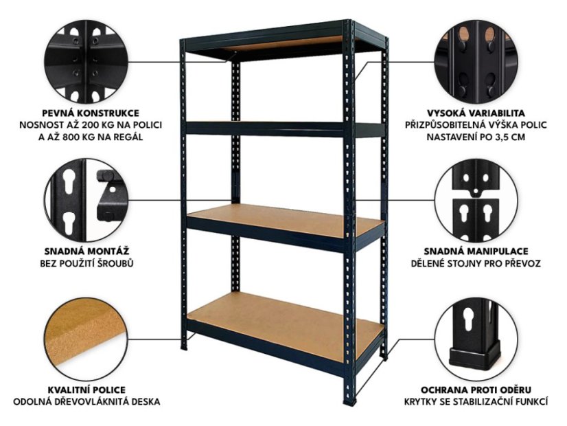 Regál 1500x700x300 mm lakovaný 4-policový, nosnost 800 kg, RIVET - černý