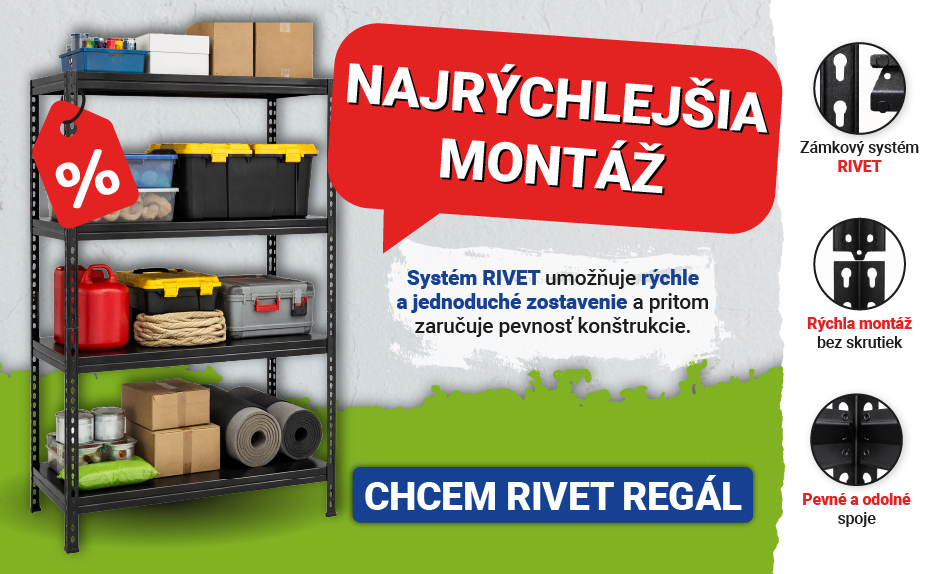 Regál RIVET – najrýchlejšia montáž bez skrutiek, pevné a odolné spoje