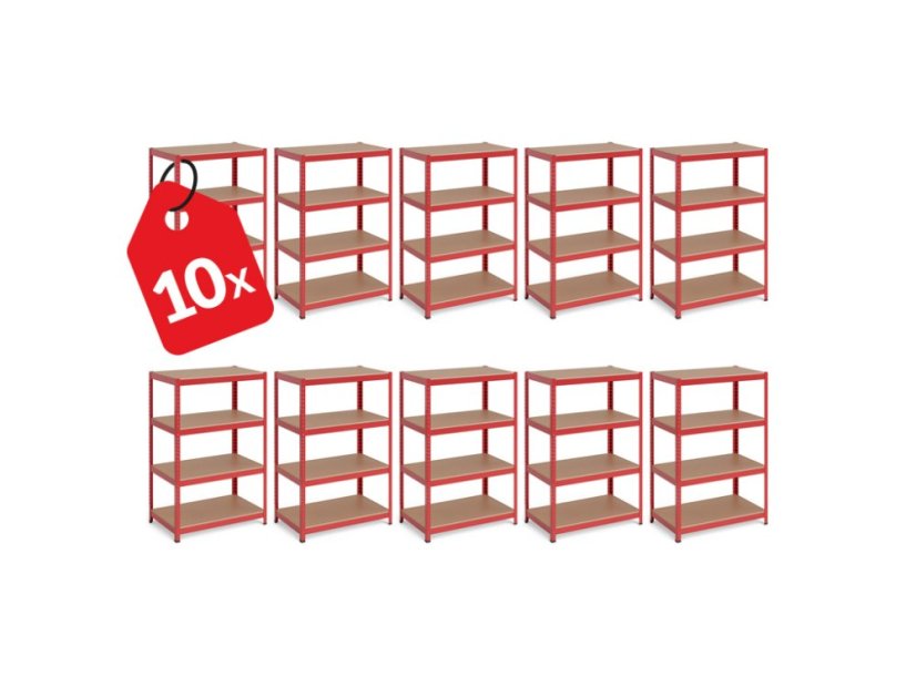 Regál 1500x700x300 mm lakovaný 4-policový, nosnost 700 kg - červený - 10ks