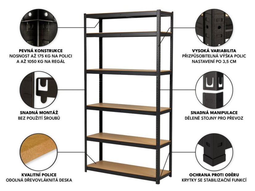 Regál 2200x1000x600 mm lakovaný 6-policový, nosnost 1050 kg - černý