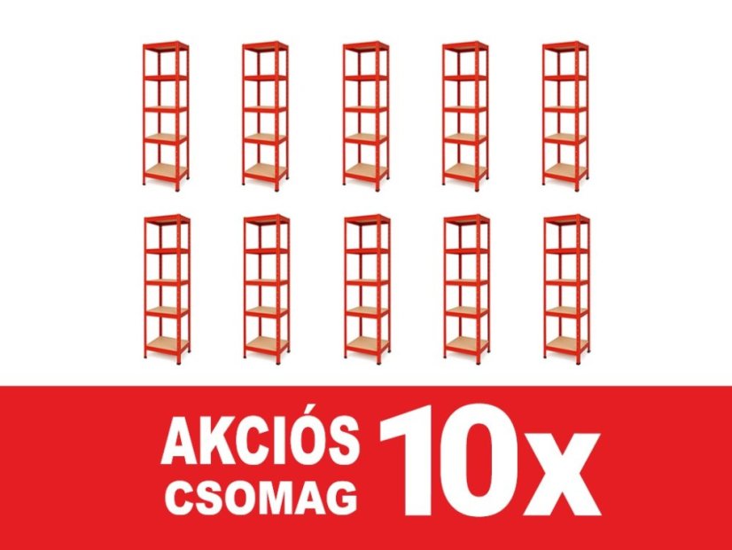 Polcrendszer 1800x400x400 mm festett 5 polcos, teherbírás 875 kg - piros - 10db