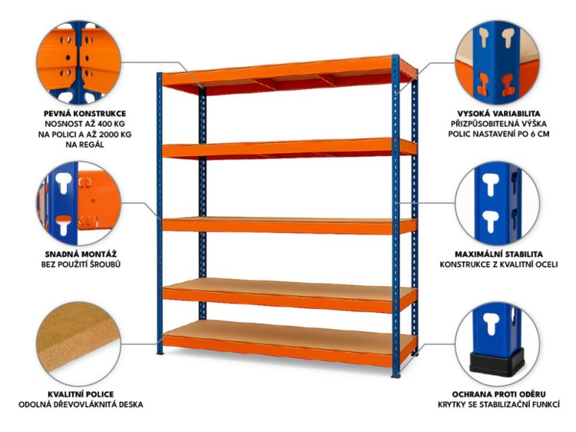 Regál 3120x1600x500 mm profesionální 5-policový, nosnost 2000 kg - modro-oranžový