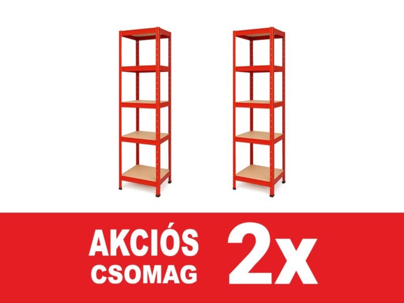 Polcrendszer 1800x400x400 mm festett 5 polcos, teherbírás 875 kg - piros - 2db