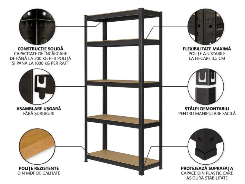 Regál 1800x900x400 mm robustní lakovaný 5-policový, nosnost 1000 kg - černý - 2ks