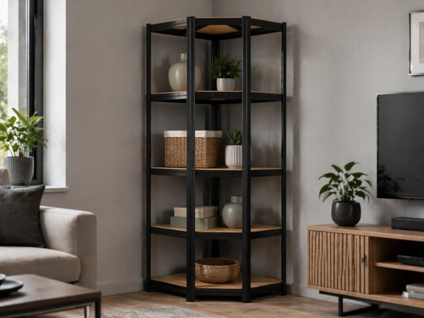 Regál 1800x900x400 mm rohový lakovaný 5-policový, nosnost 875 kg - černý