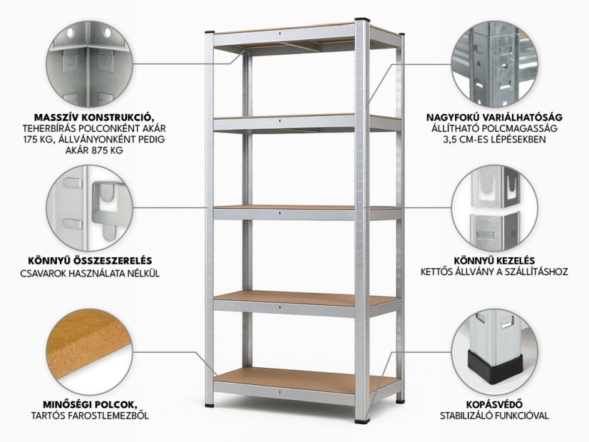 Polcrendszer 1800x900x300 mm horganyzott 5 polcos, teherbírás 875 kg