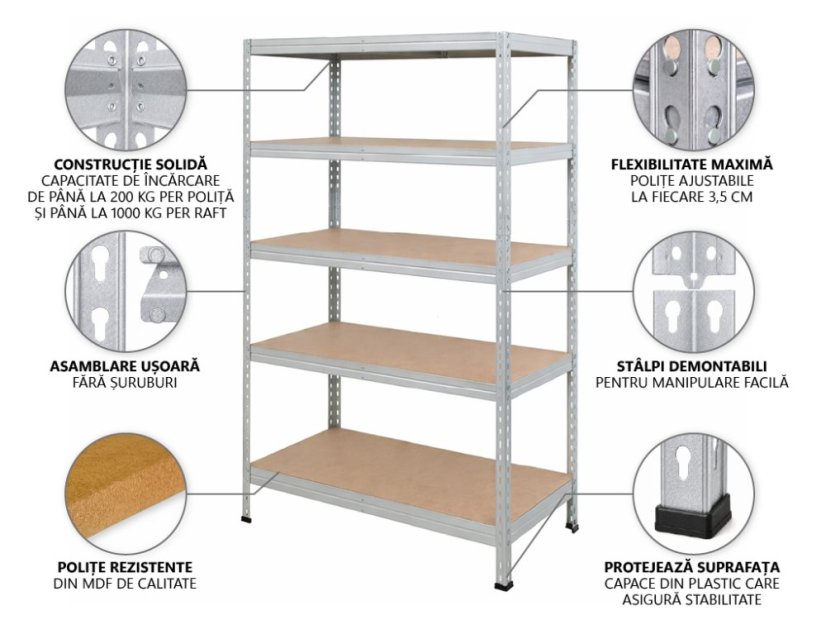Raft 1830x600x400 mm zincat cu 5 polițe, capacitate 1000 kg, RIVET