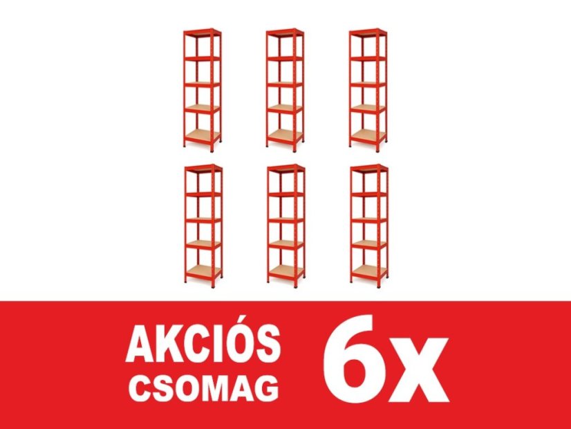 Polcrendszer 1800x400x400 mm festett 5 polcos, teherbírás 875 kg - piros - 6db