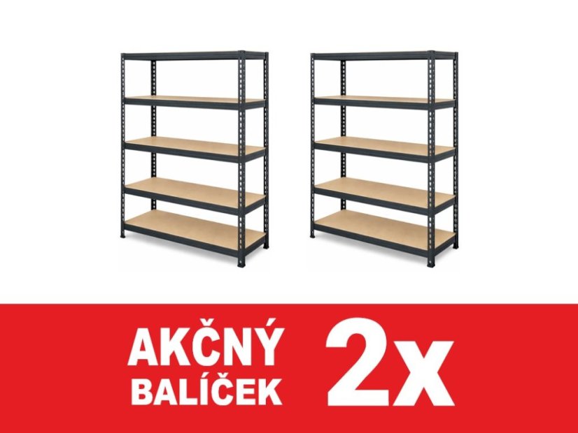 Regál 1600x800x400 mm lakovaný 5-policový, nosnosť 1000 kg, RIVET - čierny - 2ks