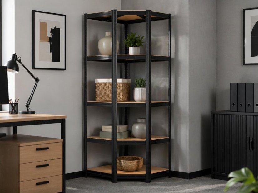 Regál 1800x900x400 mm rohový lakovaný 5-policový, nosnost 875 kg - černý
