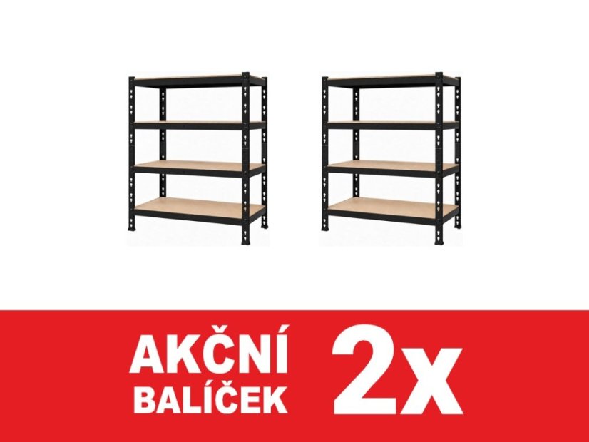 Regál 1800x1600x500 mm profesionální 4-policový, nosnost 1600 kg - černý - 2ks