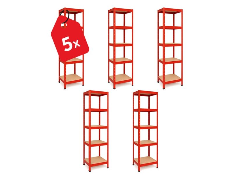 Regál 1800x400x400 mm lakovaný 5-policový, nosnosť 875 kg - červený - 5ks