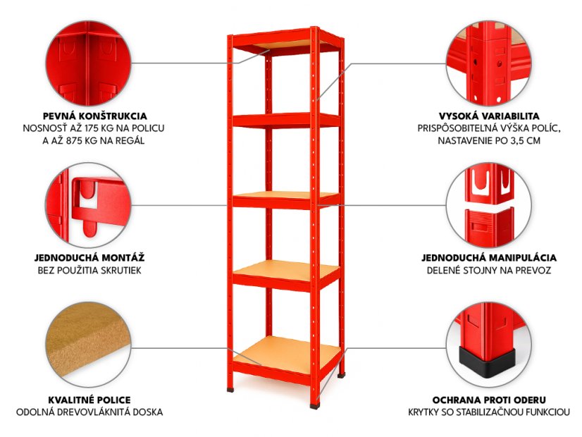 Regál 1800x400x400 mm lakovaný 5-policový, nosnosť 875 kg - červený