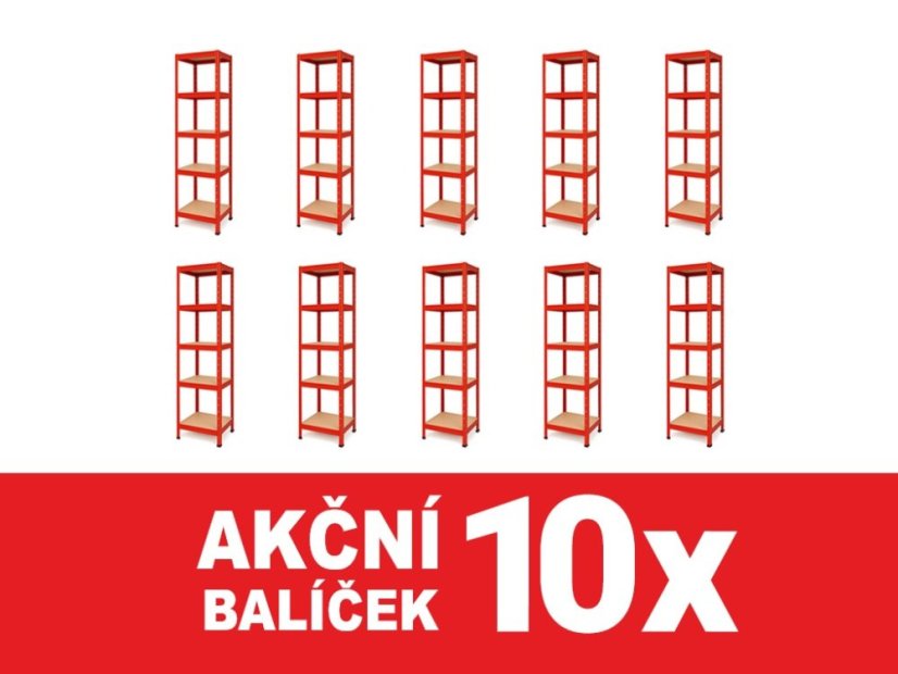Regál 1800x400x400 mm lakovaný 5-policový, nosnost 875 kg - červený - 10ks