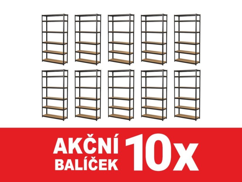 Regál 2200x1000x600 mm lakovaný 6-policový, nosnost 1050 kg - černý - 10ks