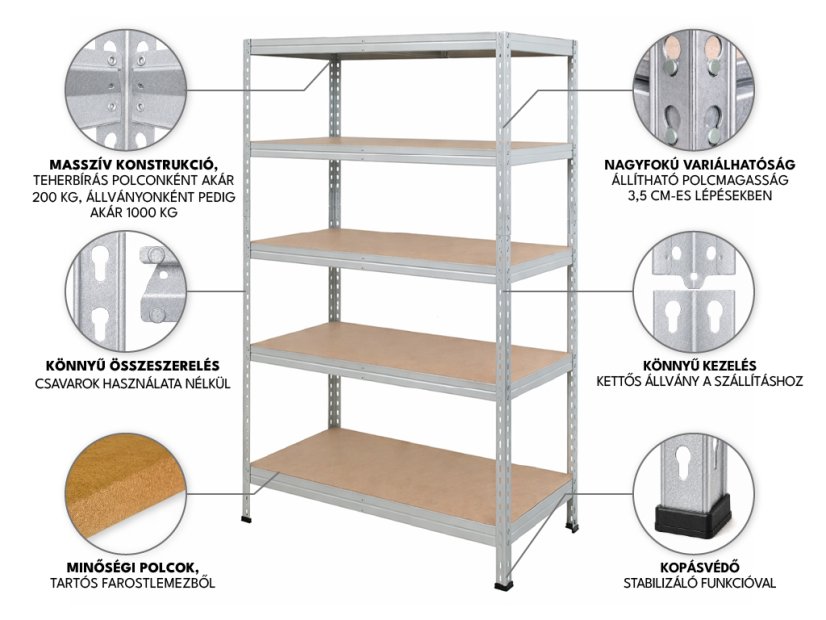 Polcrendszer 1830x400x400 mm horganyzott 5 polcos, teherbírás 1000 kg, RIVET