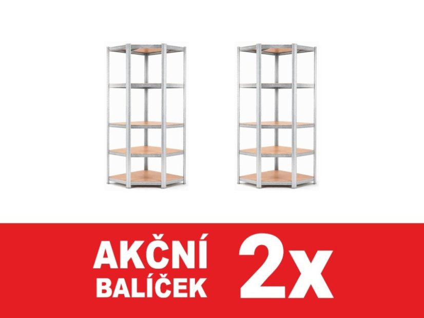Regál 1800x900x400 mm rohový zinkovaný 5-policový, nosnost 875 kg - 2ks