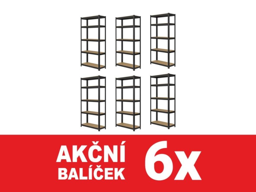Regál 2000x1000x300 mm lakovaný 5-policový, nosnost 875 kg - černý - 6ks
