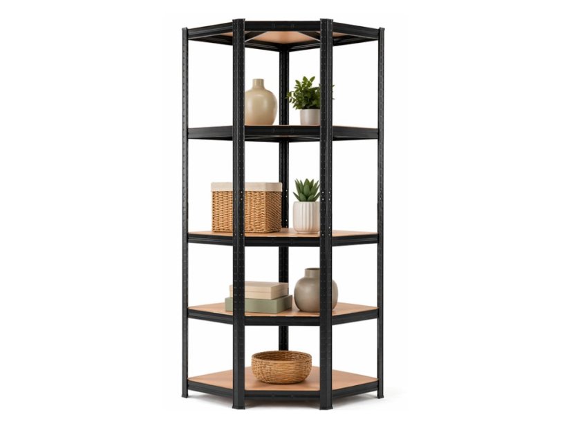 Regál 1800x900x400 mm rohový lakovaný 5-policový, nosnost 875 kg - černý
