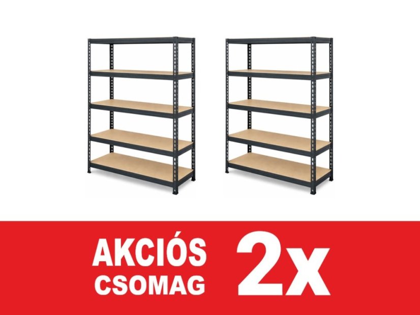 Polcrendszer 1830x750x400 mm lakkozott 5 polcos, teherbírás 1000 kg, RIVET - fekete - 2db