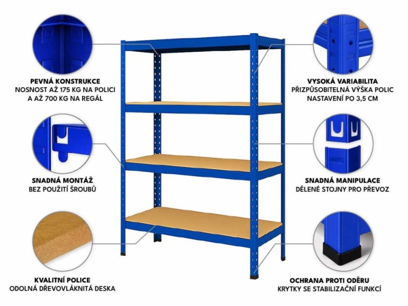 Regál 1500x700x300 mm lakovaný 4-policový, nosnost 700 kg - modrý - 5ks