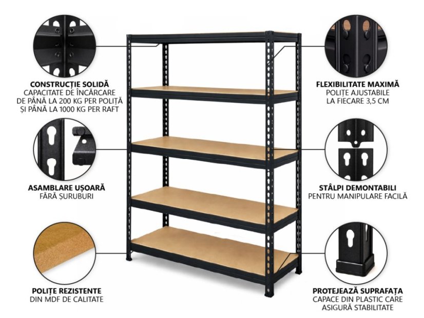 Raft 1830x400x400 mm lăcuit cu 5 polițe, capacitate 1000 kg, RIVET - negru