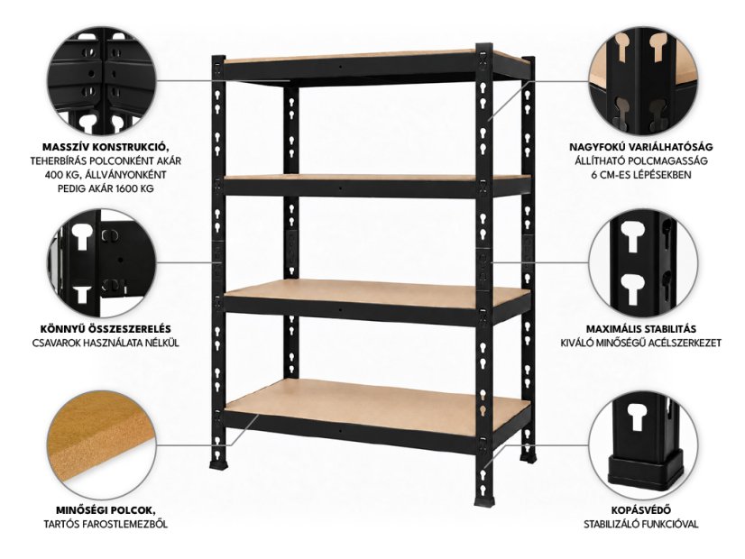 Polcrendszer 1680x1600x600 mm professzionális 4 polcos, teherbírás 1600 kg - fekete - 10db