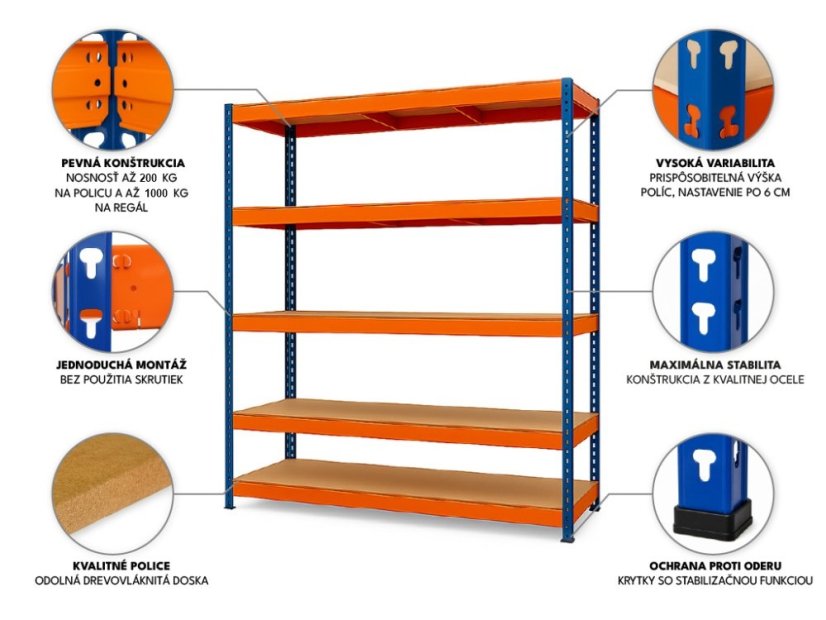 Regál 2000x900x500 mm lakovaný 5-policový, nosnosť 1000 kg - modro-oranžový