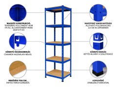 Polcrendszer 1800x400x400 mm festett 5 polcos, teherbírás 875 kg - kék - 2db