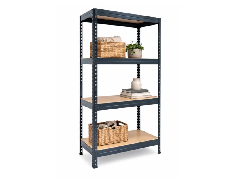 Regál 1500x700x300 mm lakovaný 4-policový, nosnost 800 kg, RIVET - černý