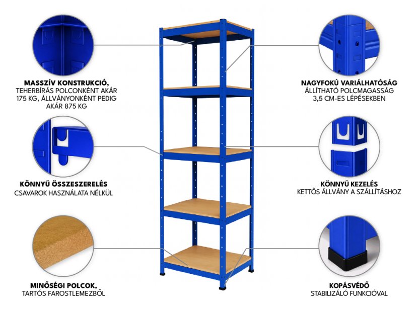 Polcrendszer 1800x400x400 mm festett 5 polcos, teherbírás 875 kg - kék
