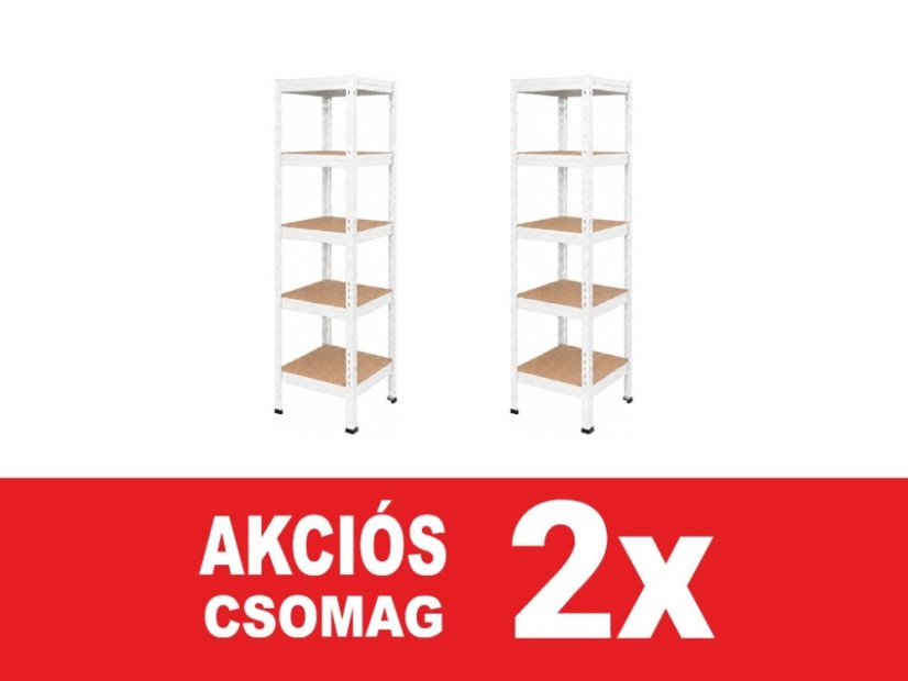 Polcrendszer 1830x400x400 mm lakkozott 5 polcos, teherbírás 1000 kg, RIVET - fehér - 2db