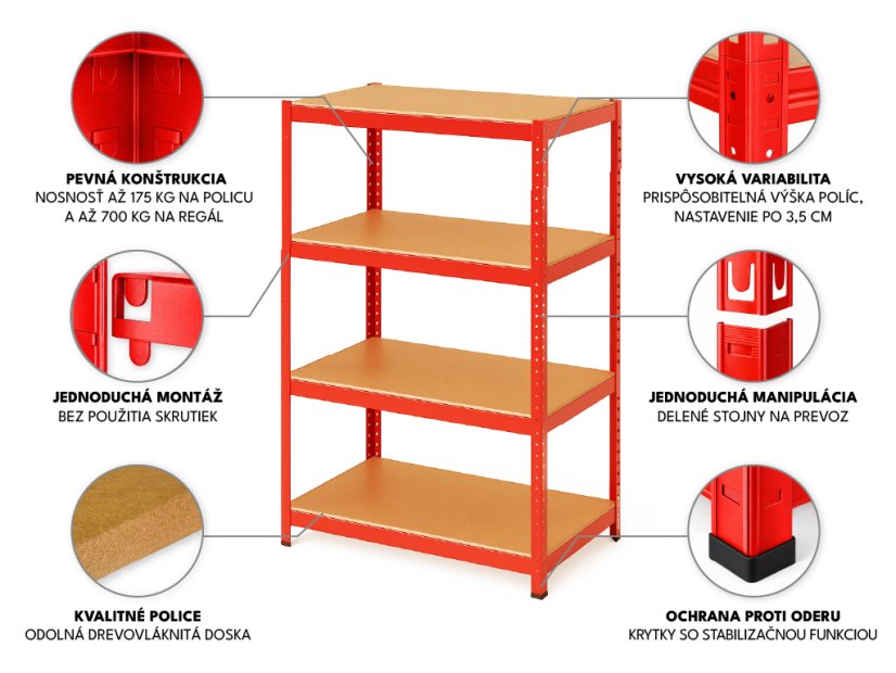 Regál 1500x700x300 mm lakovaný 4-policový, nosnosť 700 kg - červený