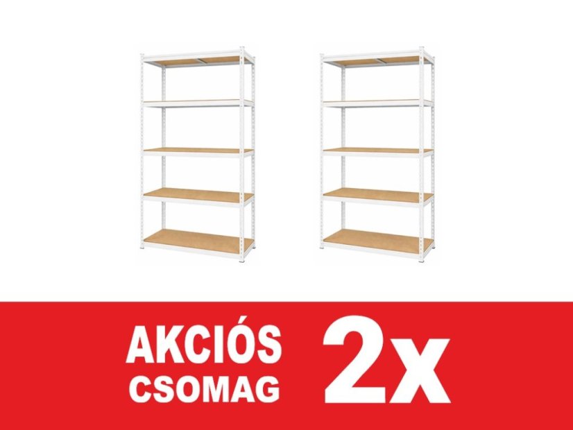 Polcrendszer 1830x900x400 mm lakkozott 5 polcos, teherbírás 1000 kg, RIVET - fehér - 2db