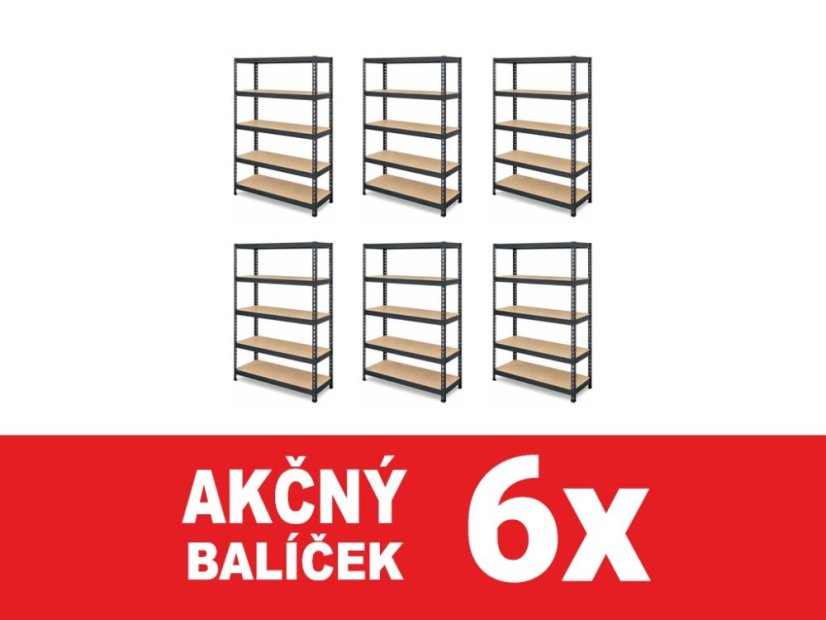 Regál 1600x800x400 mm lakovaný 5-policový, nosnosť 1000 kg, RIVET - čierny - 6ks