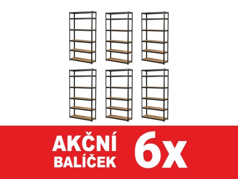 Regál 2200x1000x600 mm lakovaný 6-policový, nosnost 1050 kg - černý - 6ks