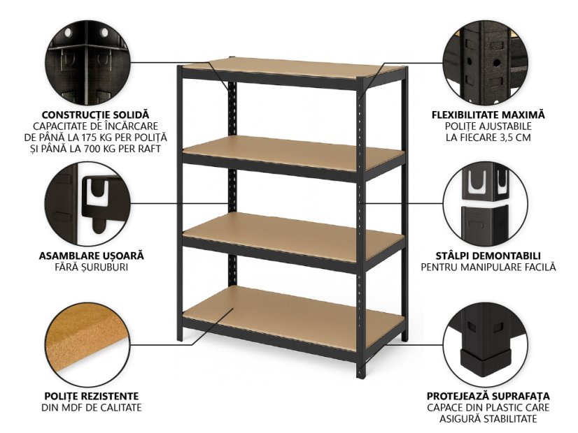 Raft metalic 1600x800x400 mm lăcuit cu 4 polițe, capacitate 700 kg - negru