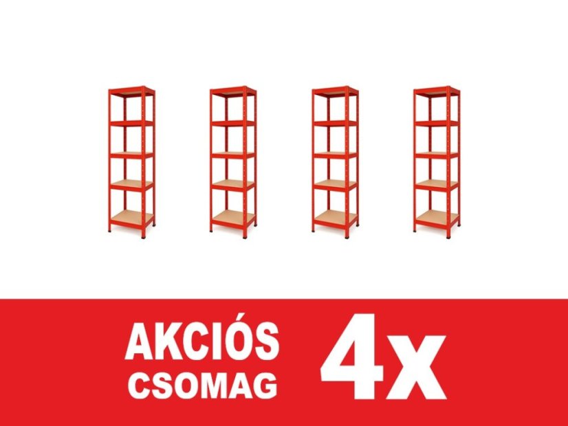 Polcrendszer 1800x400x400 mm festett 5 polcos, teherbírás 875 kg - piros - 4db