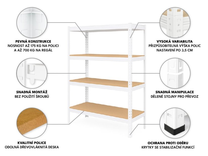 Regál 1600x800x400 mm lakovaný 4-policový, nosnost 700 kg - bílý