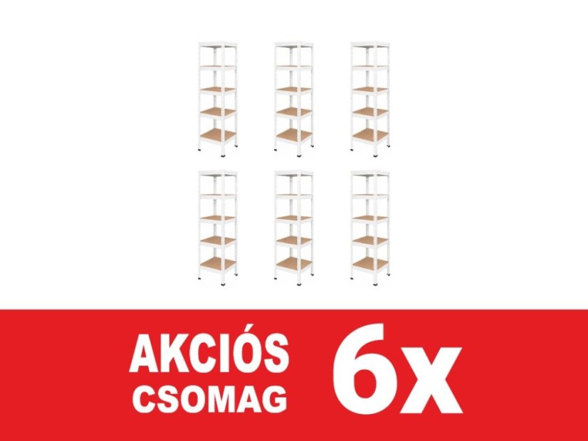 Polcrendszer 1830x400x400 mm lakkozott 5 polcos, teherbírás 1000 kg, RIVET - fehér - 6db