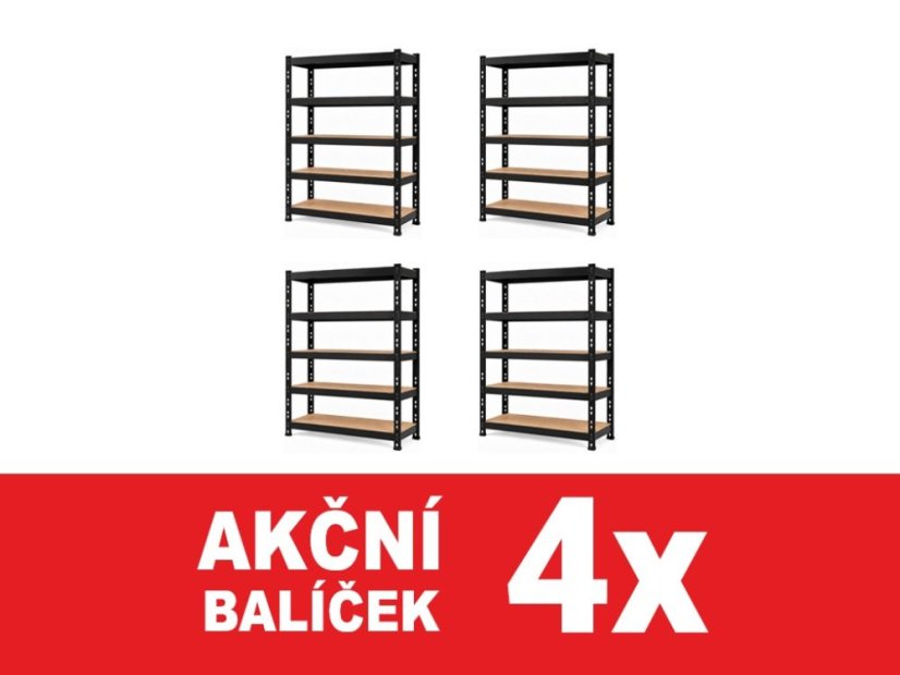 Regál 2160x1200x500 mm profesionální 5-policový, nosnost 2000 kg - černý - 4ks