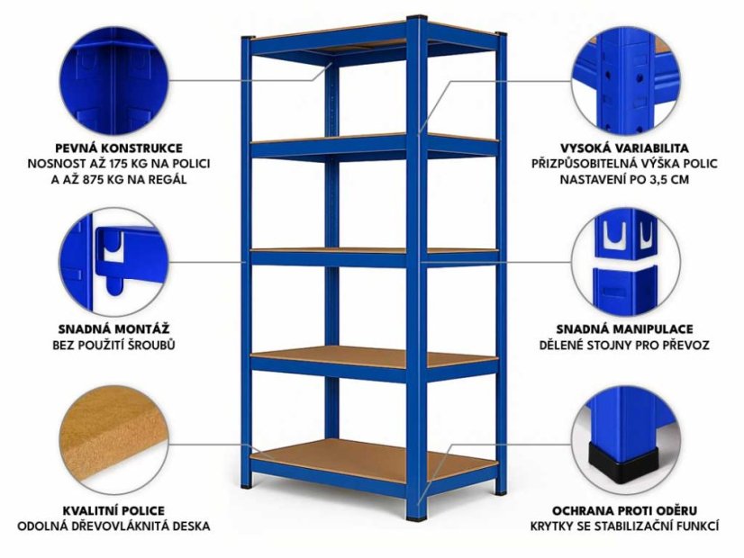 Regál 1800x900x400 mm lakovaný 5-policový, nosnost 875 kg - modrý