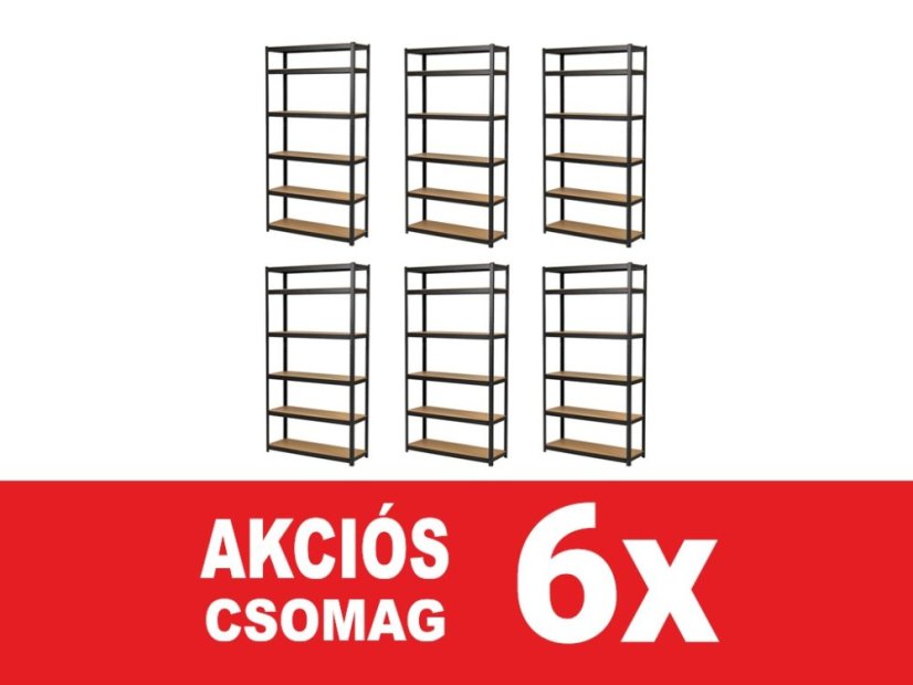 Polcrendszer 2200x900x600 mm festett 6 polcos, teherbírás 1050 kg - fekete - 6db