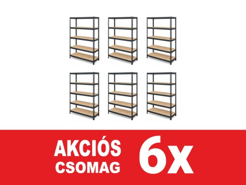 Polcrendszer 1830x600x400 mm lakkozott 5 polcos, teherbírás 1000 kg, RIVET - fekete - 6db