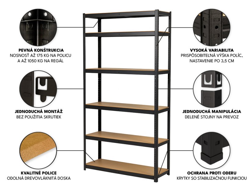 Regál 2200x900x600 mm lakovaný 6-policový, nosnosť 1050 kg - čierny